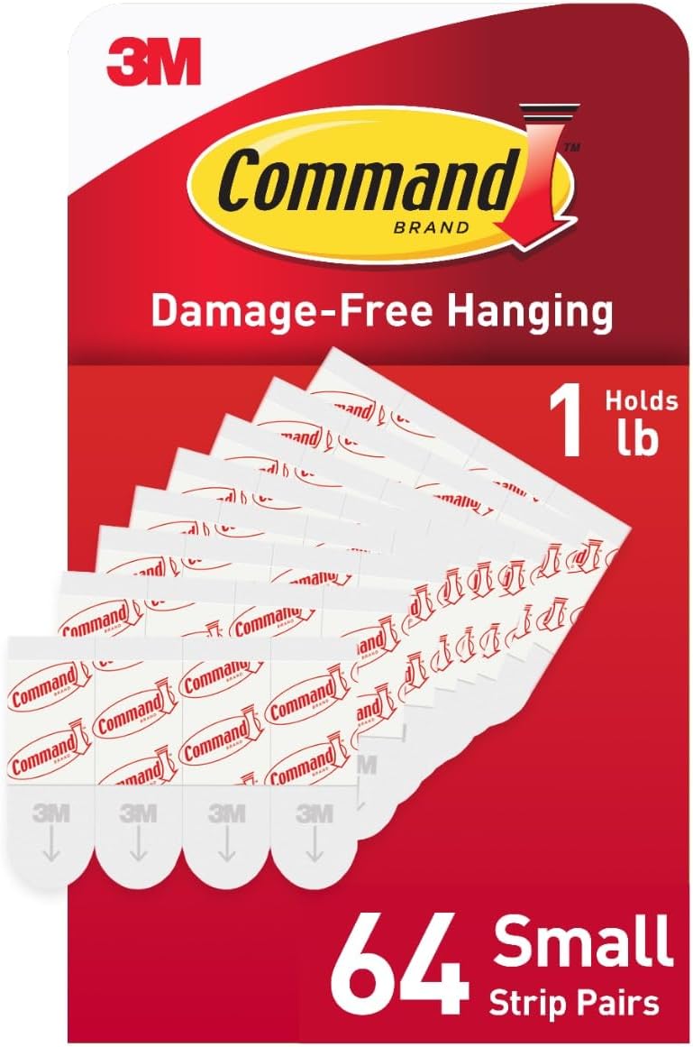 Command Indoor Small Replacement Strips. 64 Strips. Damage-Free Wall Hanging. Re-Hang Small Hooks for Home and Wall Decor. Holds up to 1 lb. White Adhesive