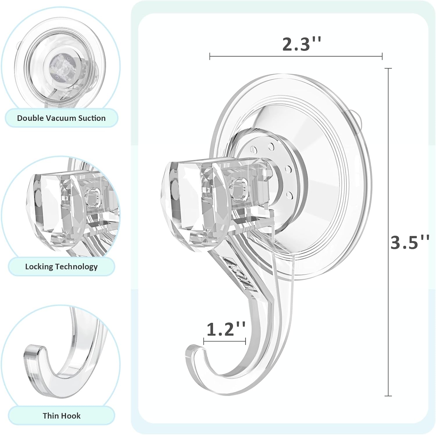 VIS'V Suction Cup Hooks. Small Shower Suction Hooks. Heavy Duty. Removable and Reusable. Clear. 2 Pcs - Image 6