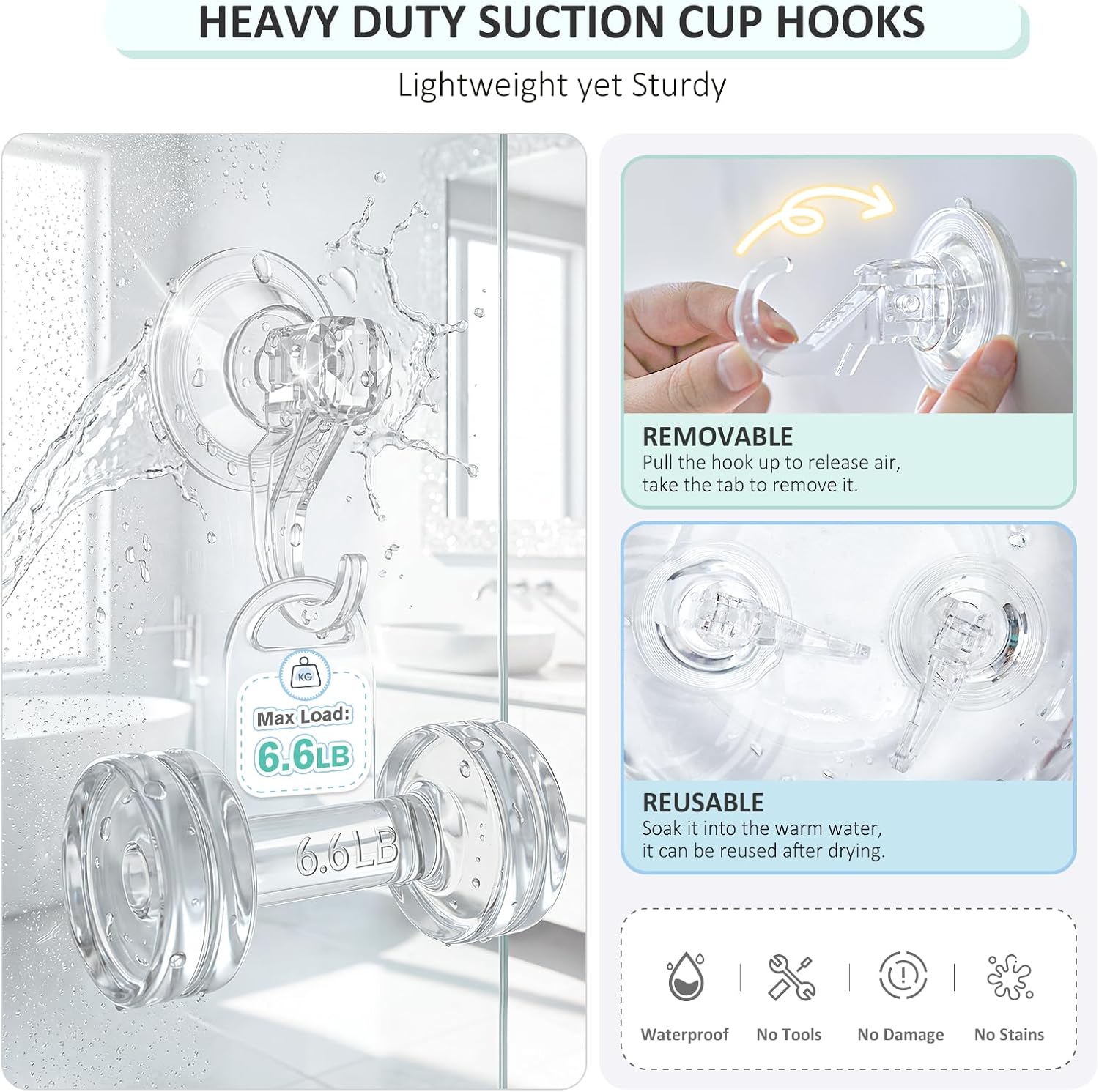 VIS'V Suction Cup Hooks. Small Shower Suction Hooks. Heavy Duty. Removable and Reusable. Clear. 2 Pcs - Image 3