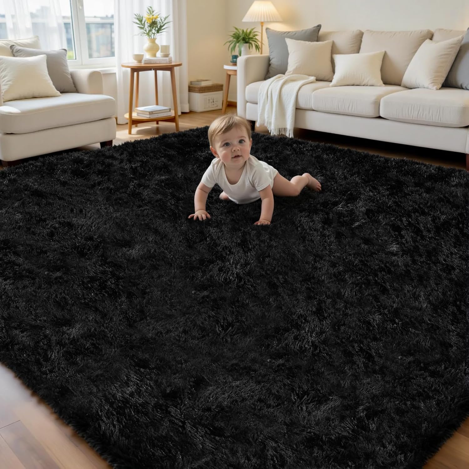 6x9 Area Rug for Living Room. Ultra Soft Fluffy Shag Rugs for Bedroom. Non-Slip Large Fuzzy Plush Rug Indoor Floor Carpet for Nursery Kids Office Dorm Modern Decor. Black