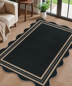 Scalloped Easy Jute 3x5 Outdoor Rug. Washable Rugs for Entryway Black Front Door Mat. Farmhouse Neutral Non Slip Indoor Carpet for Patio Living Room Backyard